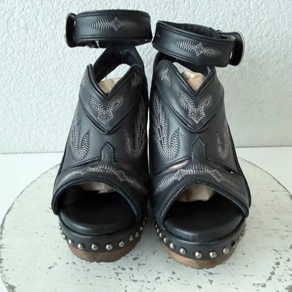 Lane Lexington Jet Black Leather Western Wedges Sandals Wood Heel Womens 7.5 - Picture 5 of 9
